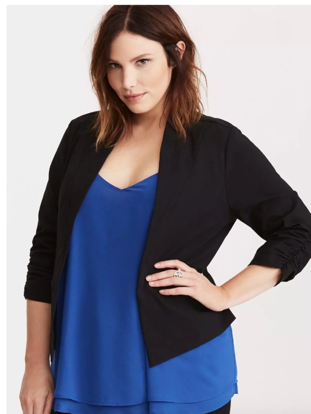 Torrid Black Stretch Ruched Sleeve Blazer NWT Size 1 Sold Out Workwear Staple